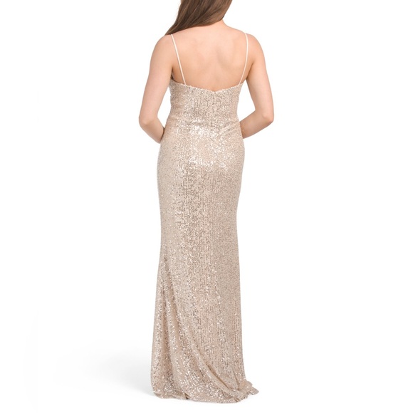 IEENA MAC DUGGAL GATHERED BUST SEQUINED SLEEVELESS COLUMN GOWN NUDE SILVER MAXI - Picture 5 of 7